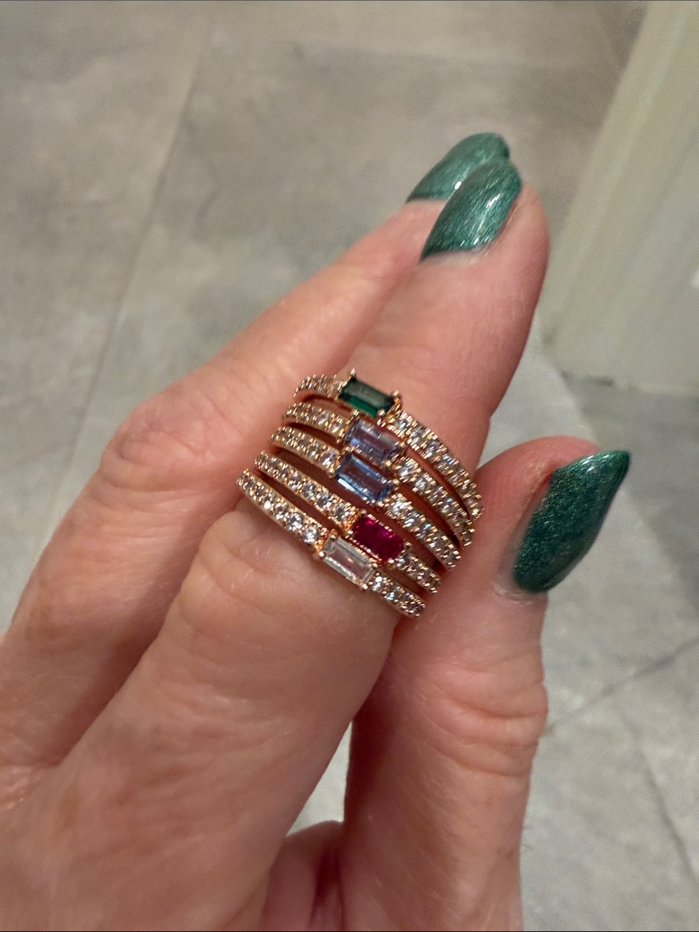 Multi-Row Rose Gold Stackable Ring with Colored Gemstones